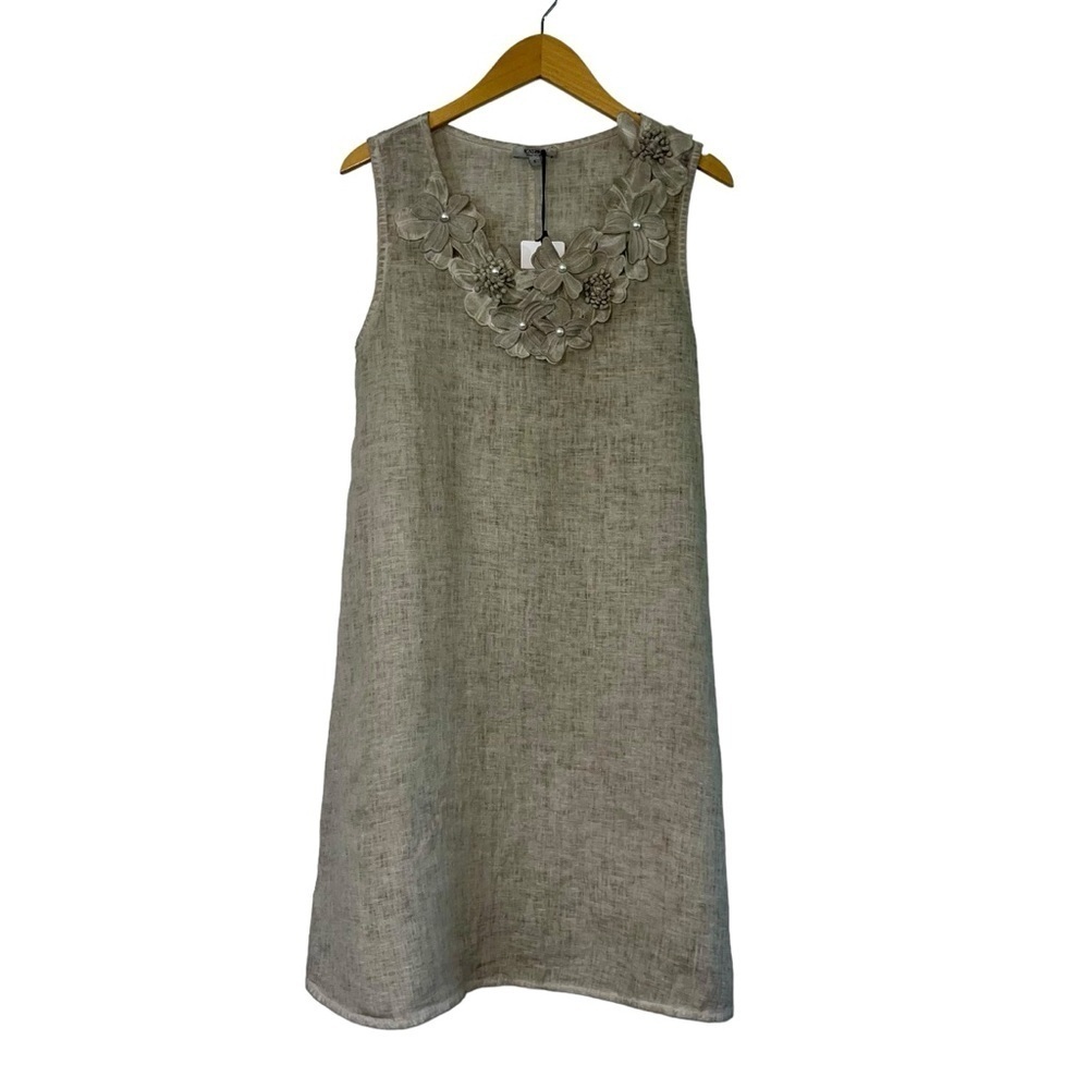 Rosemarine A-Line Tank Linen Dress SZ S Beige Floral Trim Pullover Made In Italy